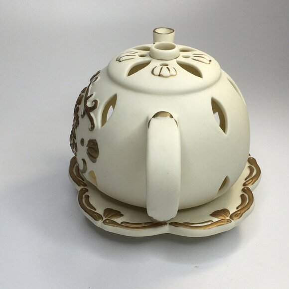 Partylite P7301 Tea Time Teapot Tealight Candle Holder Cream Gold Bisque Ceramic - Picture 5 of 9